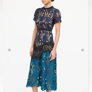 Self-Portrait Navy and Teal Lace Midi Dress